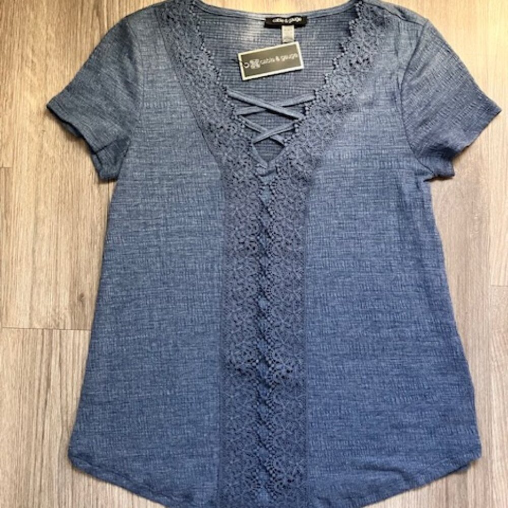 Cable and Gauge Indigo Lattice and Lace Top - NWT